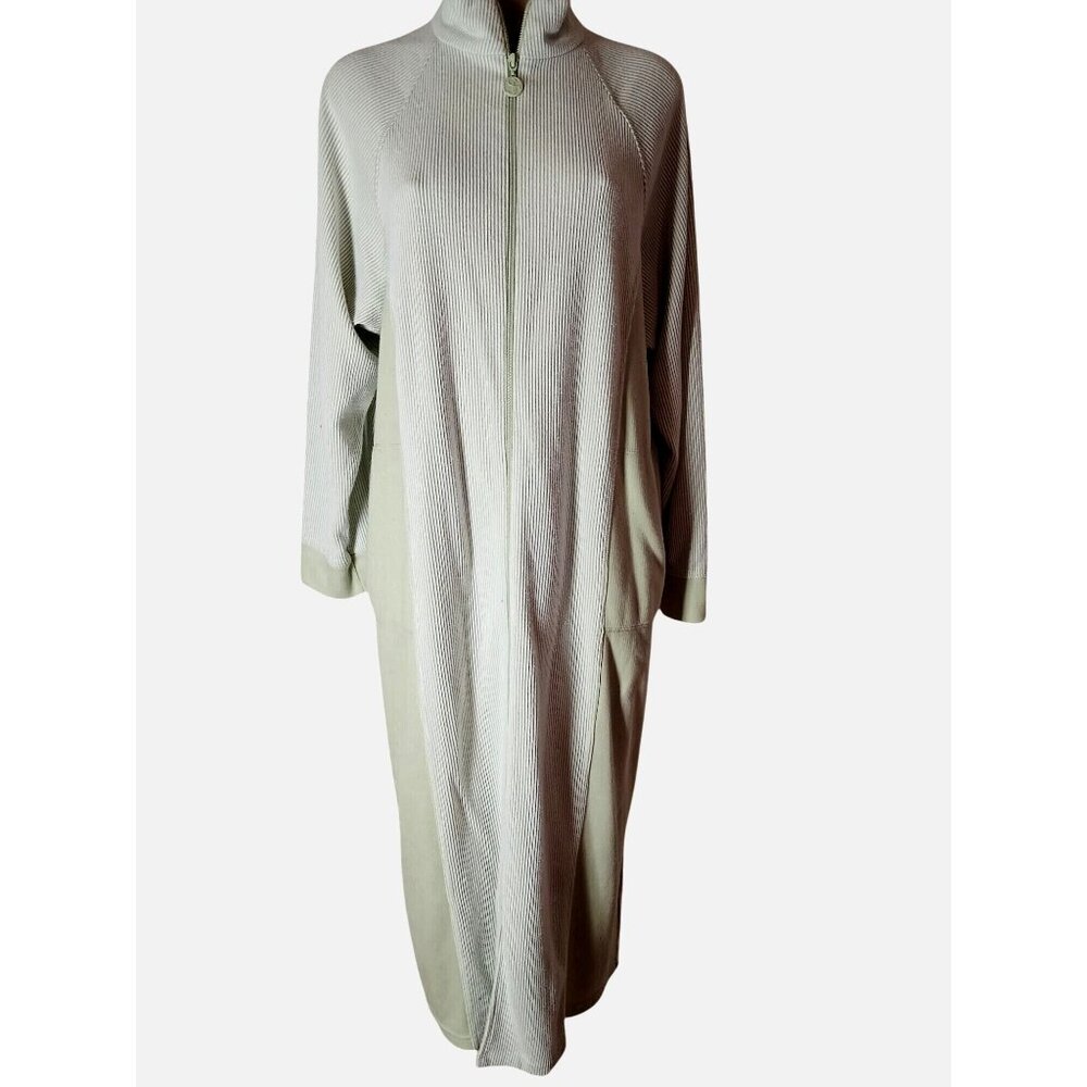 Stan Herman Ribbed Full Zip Lounge Robe Size L High Collar Long Sleeves Green